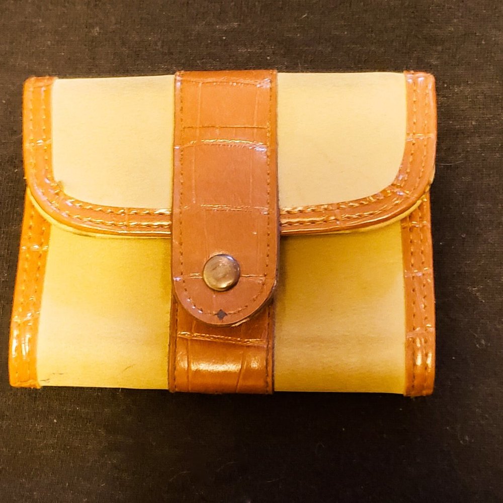 Brown faux leather and canvas wallet
